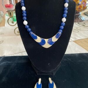 Blue and Gold V-Shaped Beaded Necklace and Earring Set